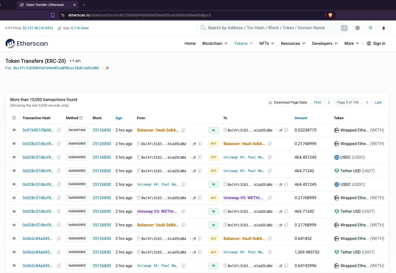 Etherscan token transfers after Yellowdex labels are visible