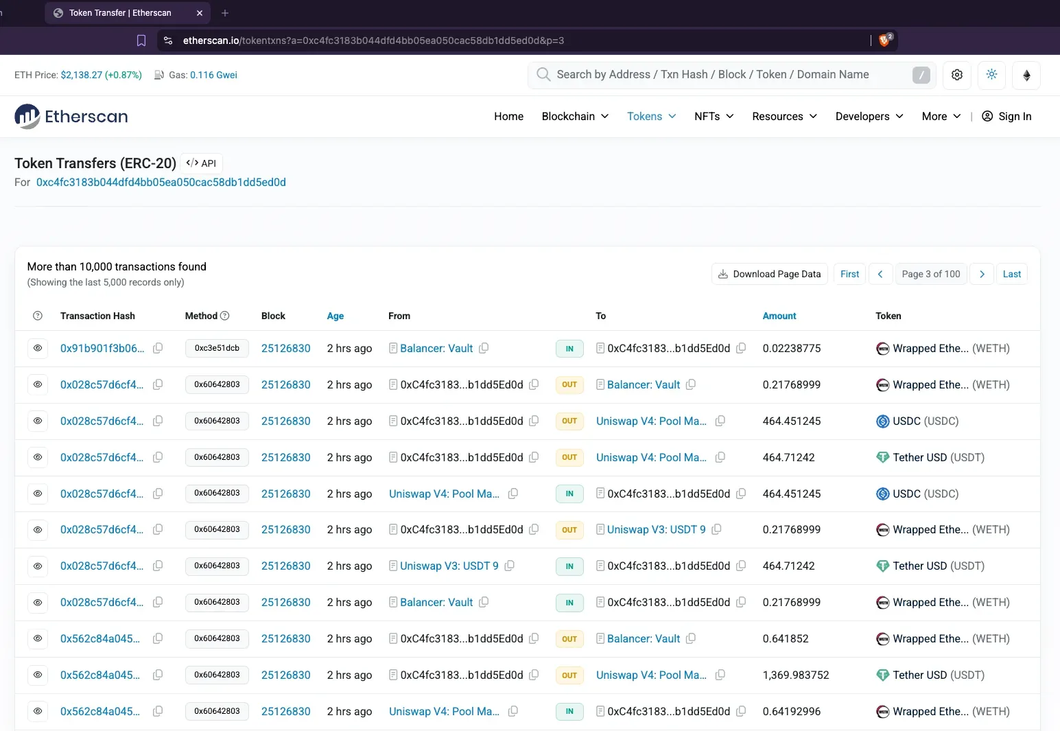 Etherscan token transfers before Yellowdex labels are visible